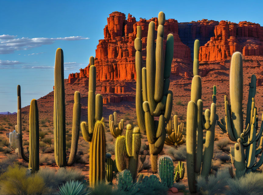 Desert landscape with tall cacti and red rock formations