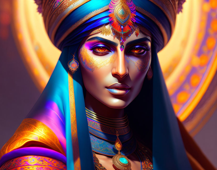 Digital artwork featuring woman in vibrant Eastern attire & elaborate makeup.