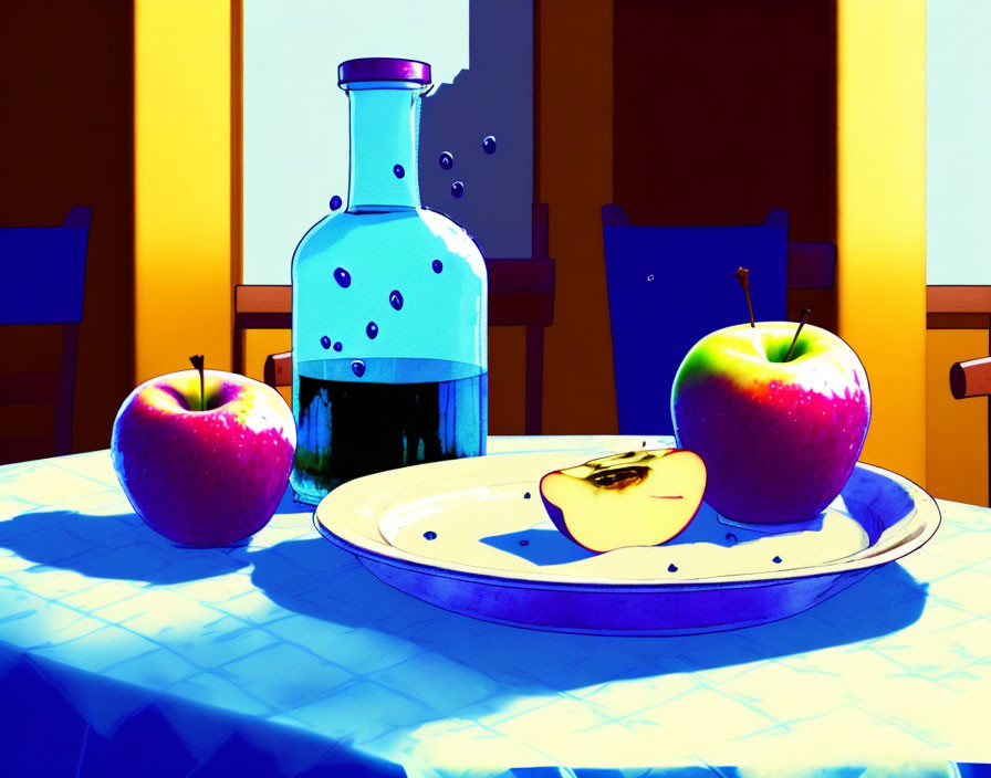 Colorful still life illustration: apples, sliced fruit, bottle on table