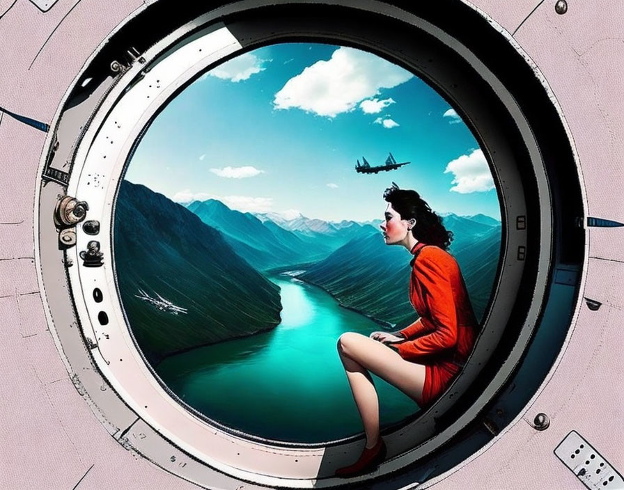 Woman in red dress by circular aircraft window overlooking green river valley and mountains.