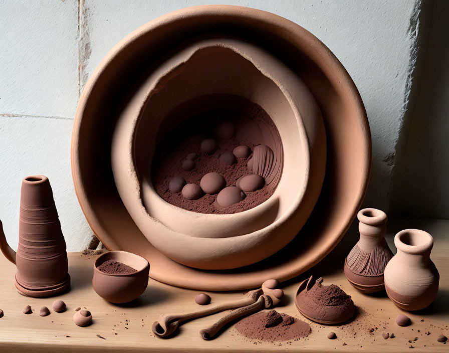 Various shapes of earthen pots and clay pottery on table with large pot in center surrounded by smaller vessels