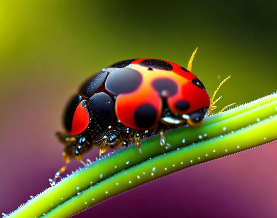 Colorful Ladybug Crawling on Green Stem with Water Droplets