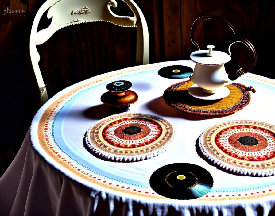 Stylized image of white teapot and cup on crochet placemats with vinyl records and unique