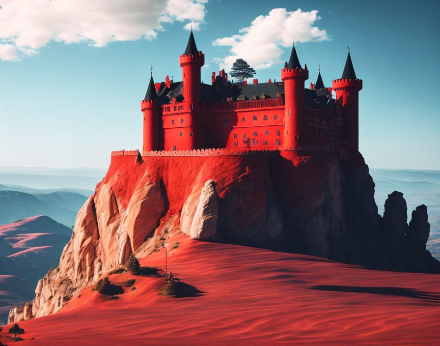 Red castle on steep cliff in desert landscape