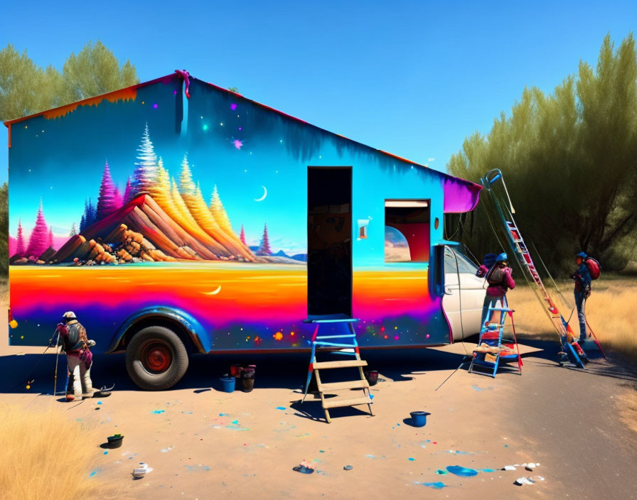 Two people painting cosmic mural on trailer side