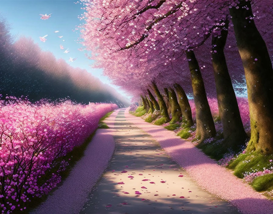 Blooming pink cherry blossom path under clear sky