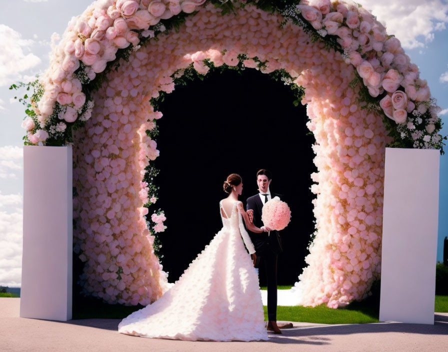 Wedding couple under large floral archway on clear sky day