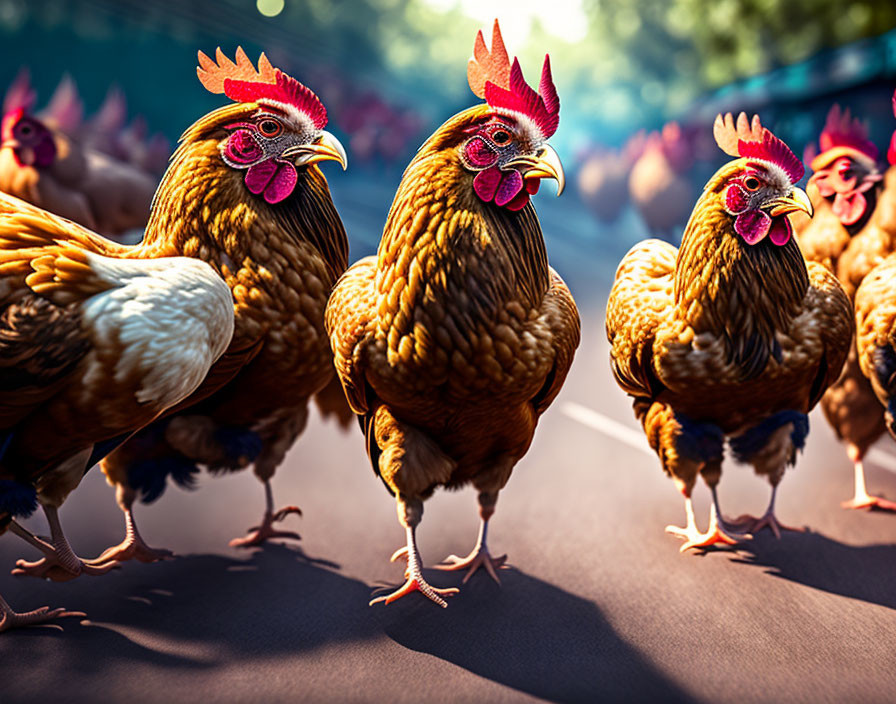 Vividly Colored Chickens with Red Combs Strutting in Warm Lighting