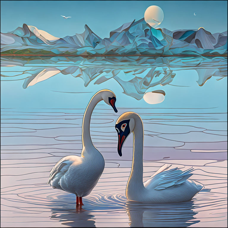 Swans on serene lake with mountain reflection and dual moons.