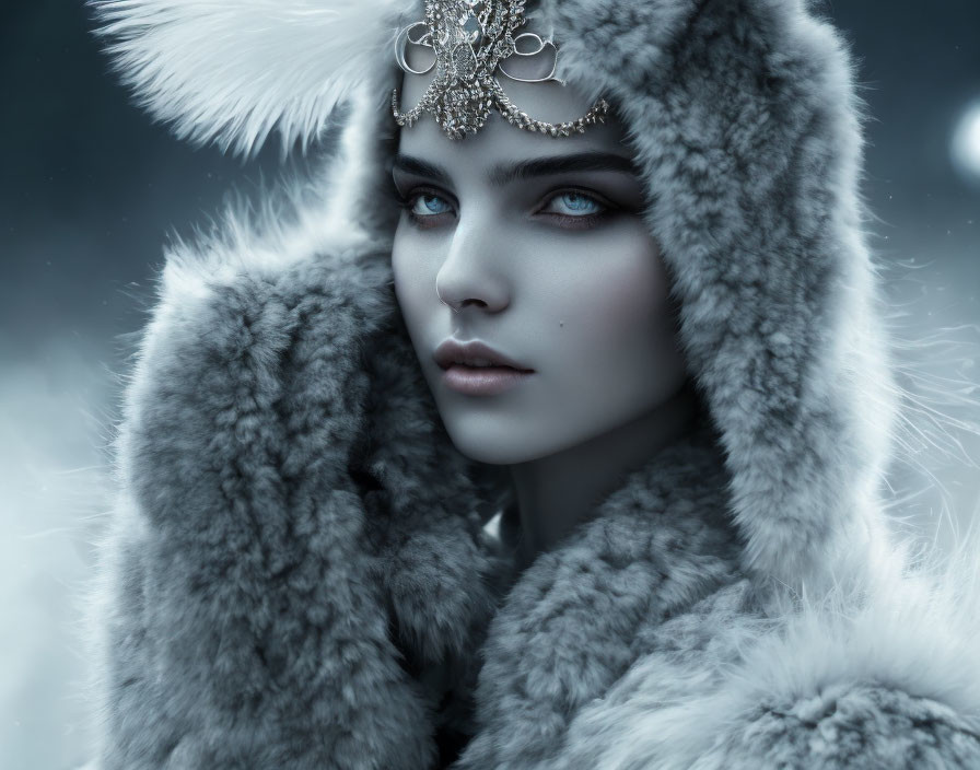 Portrait of a person with blue eyes in fur hood and ornate headpiece