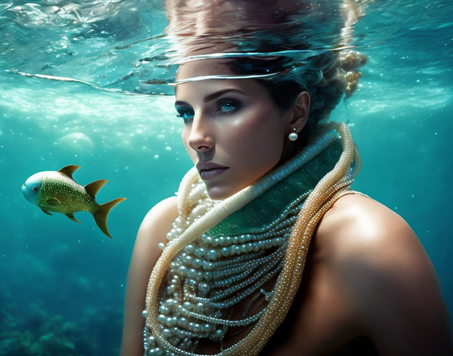 Woman adorned with pearls underwater gazes with fish.