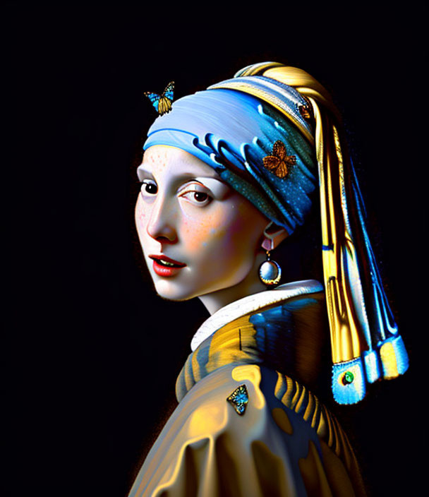 Colorful reinterpretation of "Girl with a Pearl Earring" with added insect elements.