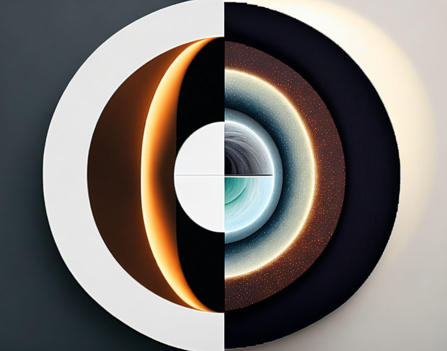 Abstract circular designs: solar eclipse and galaxy-like shapes on grey background