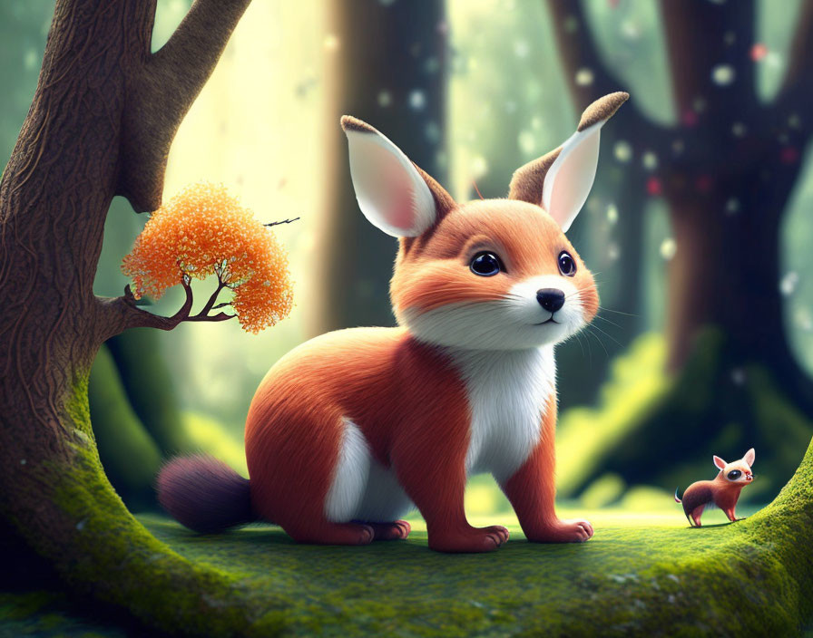 Stylized fox-rabbit hybrid animals in enchanted forest