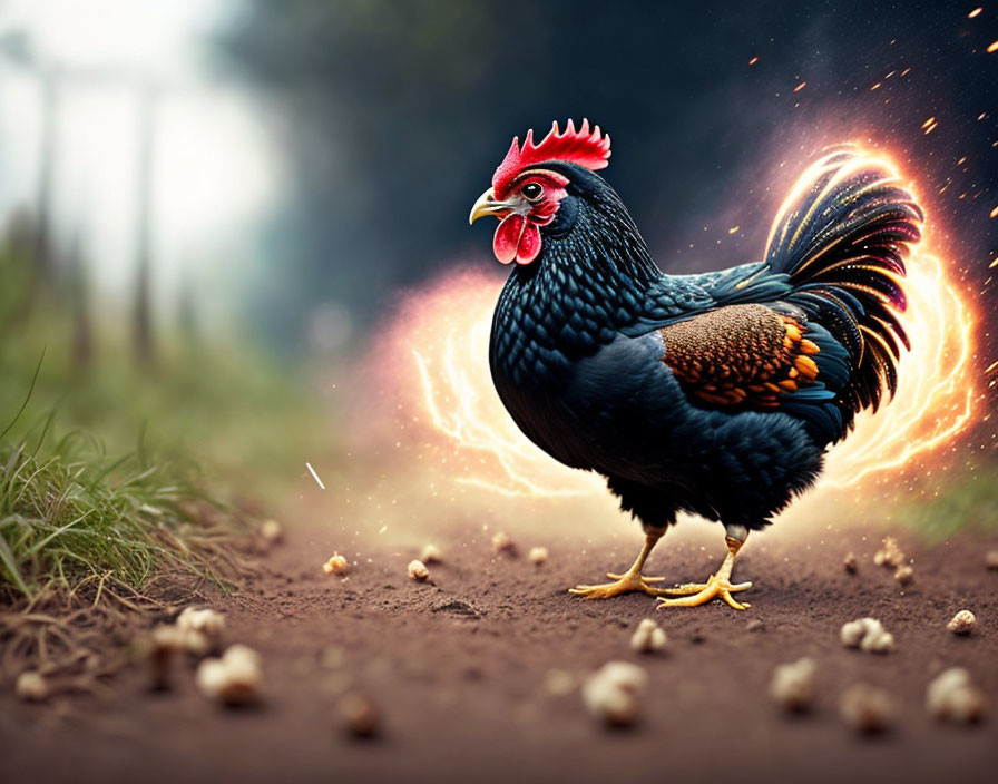 Majestic black chicken with iridescent feathers and fiery sparks trail