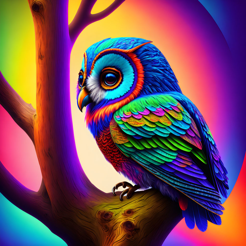 Colorful Owl Illustration on Psychedelic Background