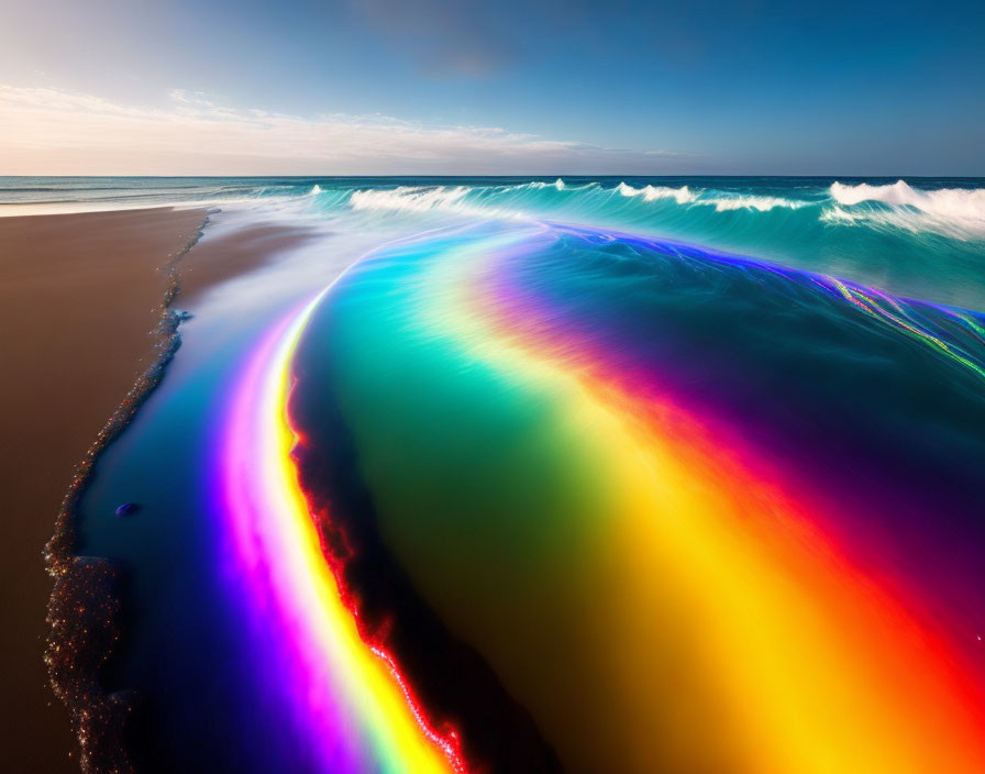 Colorful Rainbow Spectrum Over Ocean Wave Approaching Beach