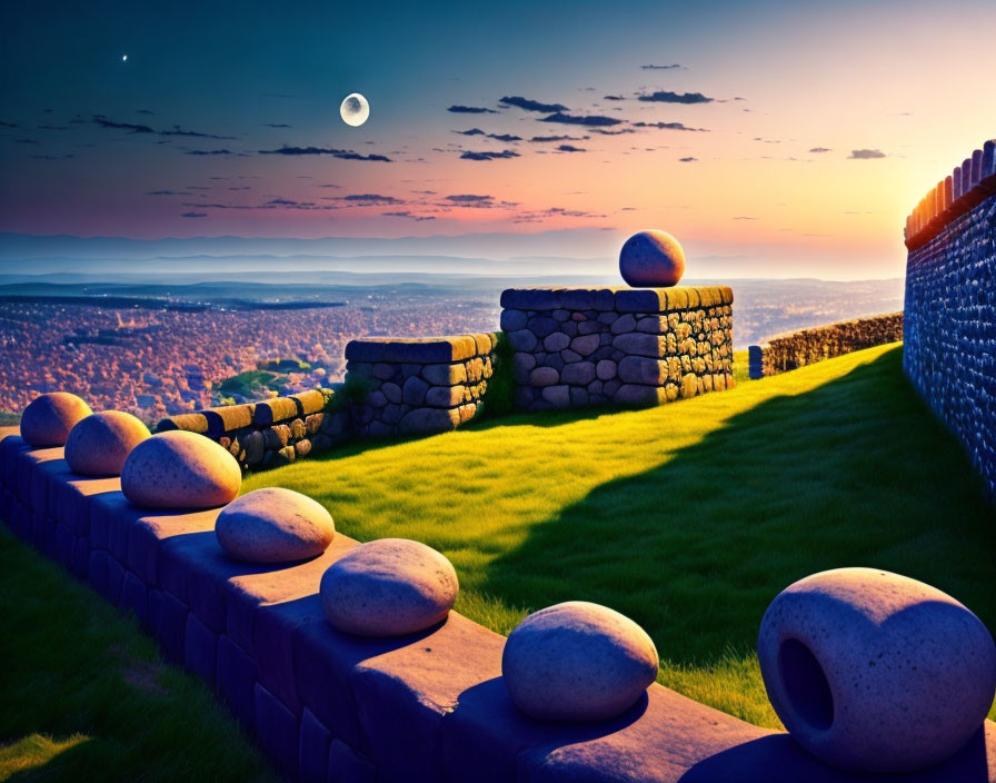 Surreal landscape: Stone artifacts, crescent moon, twilight horizon