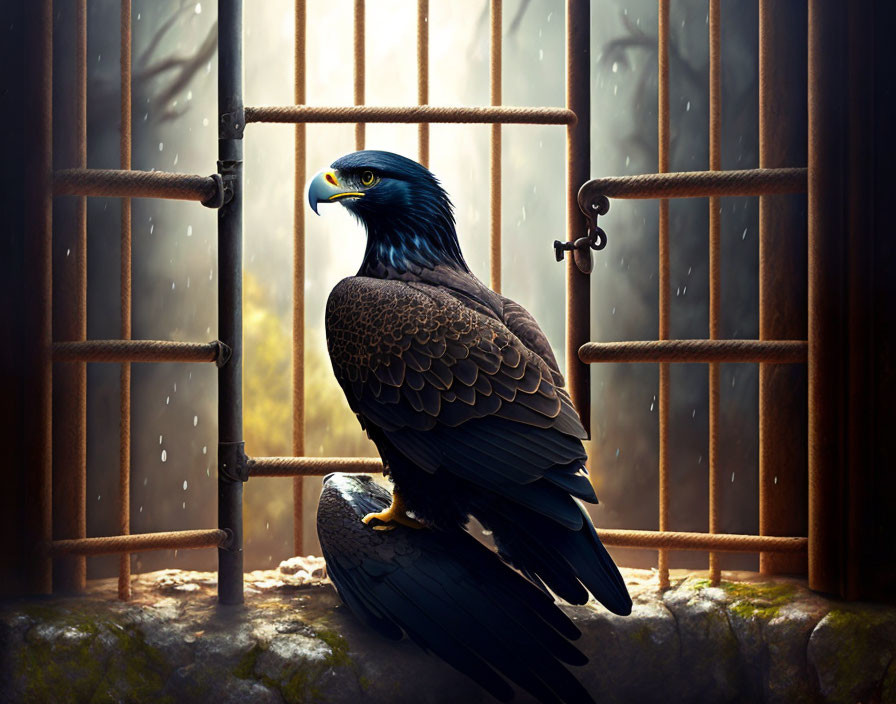 Eagle perched in dimly lit cage with open windows and falling raindrops