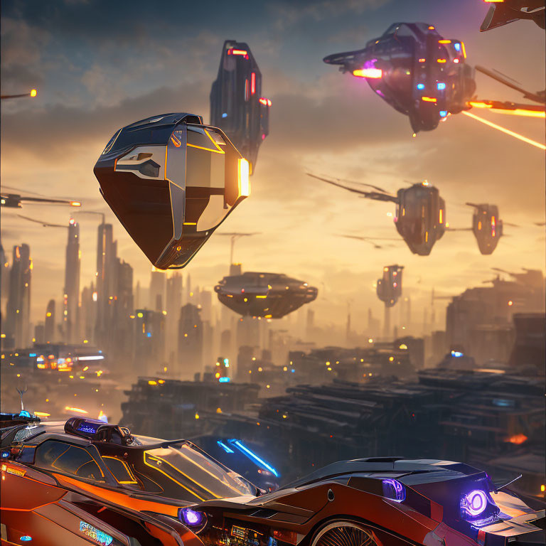 Futuristic cityscape at sunset with flying vehicles and sleek cars.