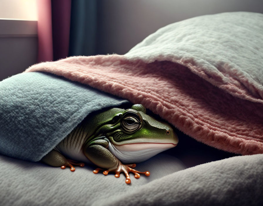 Green and White Frog Resting Among Blue and Pink Pillows in Sunlight