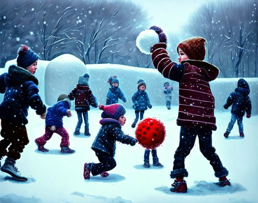 Kids playing in snowy park with red ball and snowball