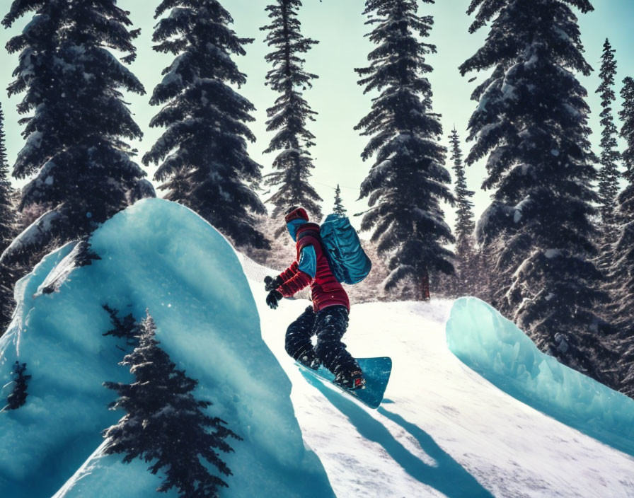 Snowboarder in Red Jacket Carving Snow Amid Pine Trees