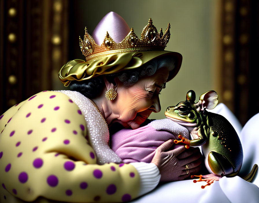 Animated queen embraces smiling frog on gold background