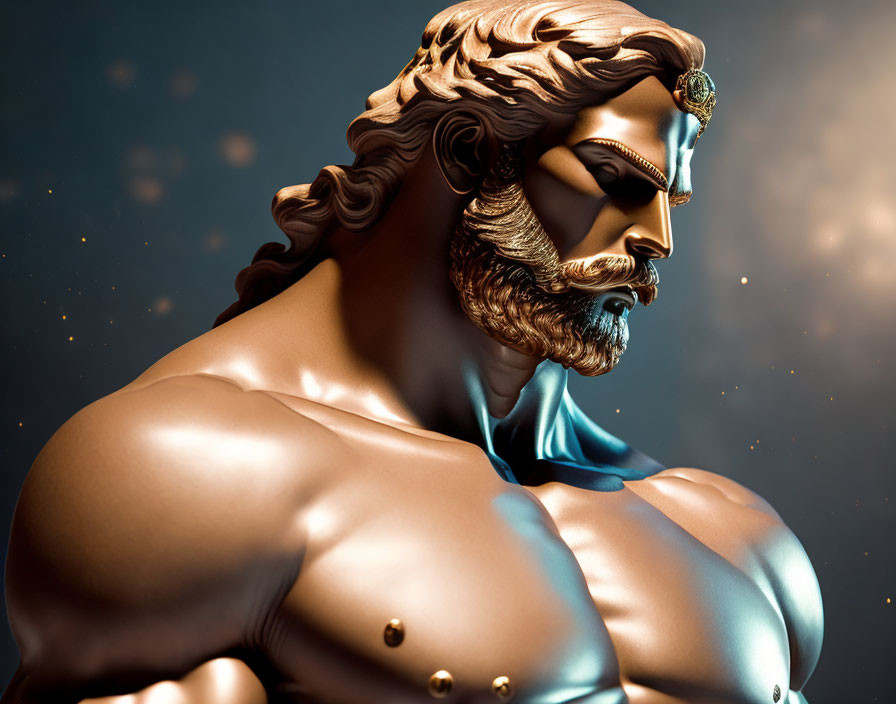 Muscular, bearded male figure with blue cape in digital art