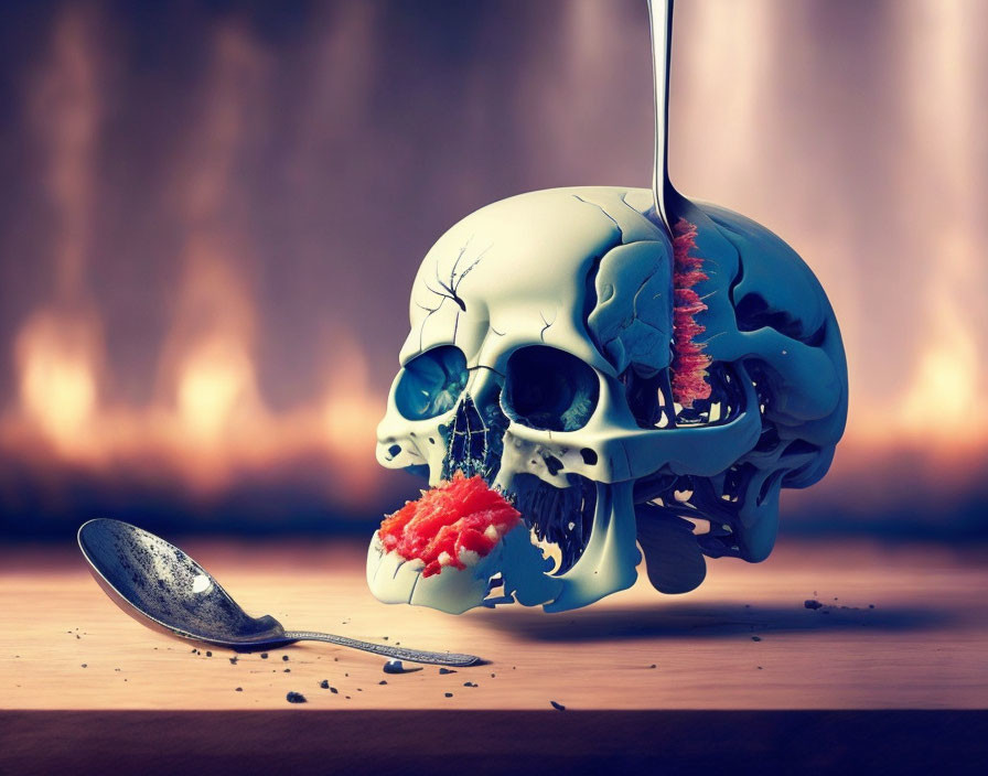 Surreal skull being eaten with a spoon in artistic image