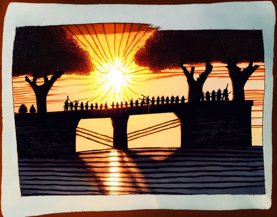 Silhouette artwork of people on a bridge at sunset