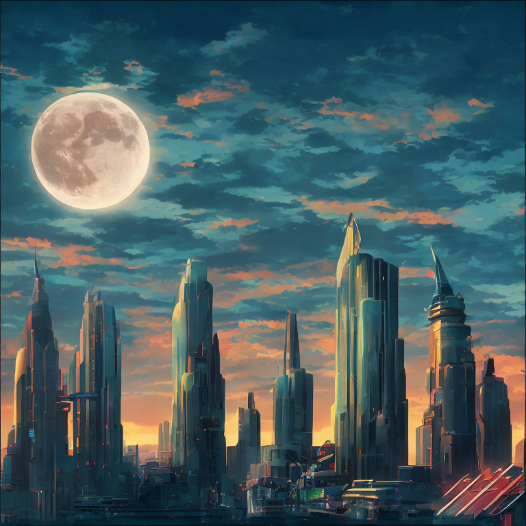 Futuristic city skyline with illuminated skyscrapers at sunset