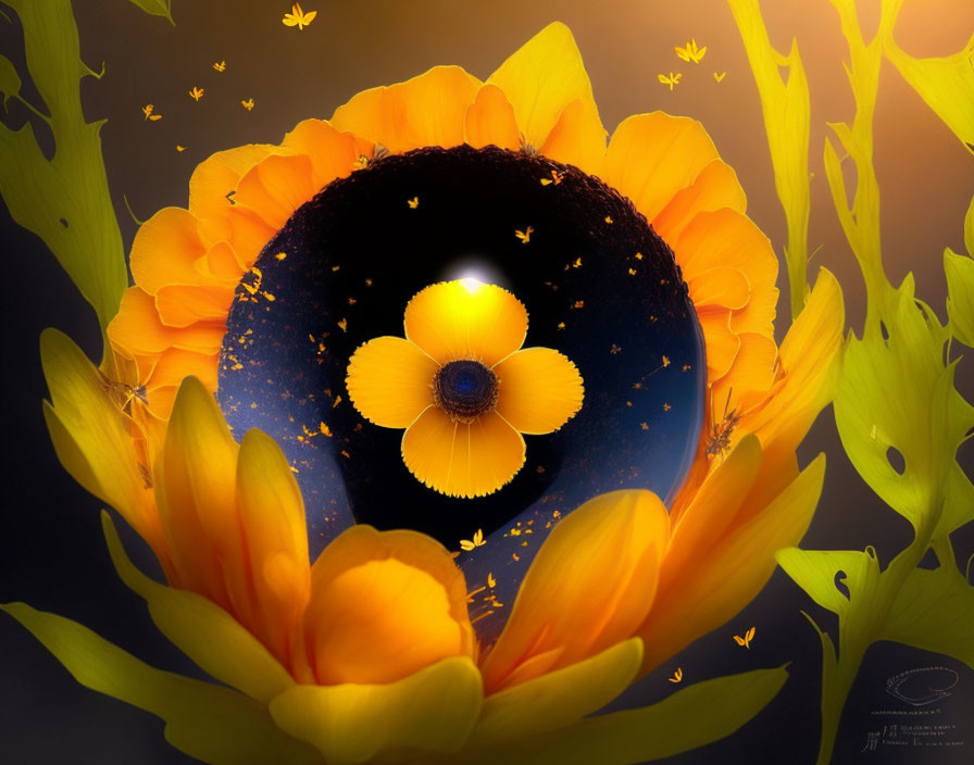 Surreal sphere with yellow flowers, butterflies, and starry reflection