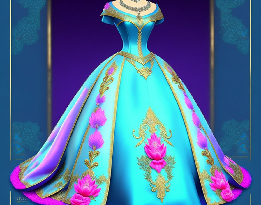 Colorful digital illustration of blue and purple ball gown with floral accents on dark blue background