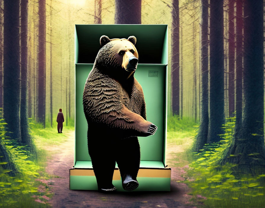 Large bear emerges from box in surreal forest with person walking