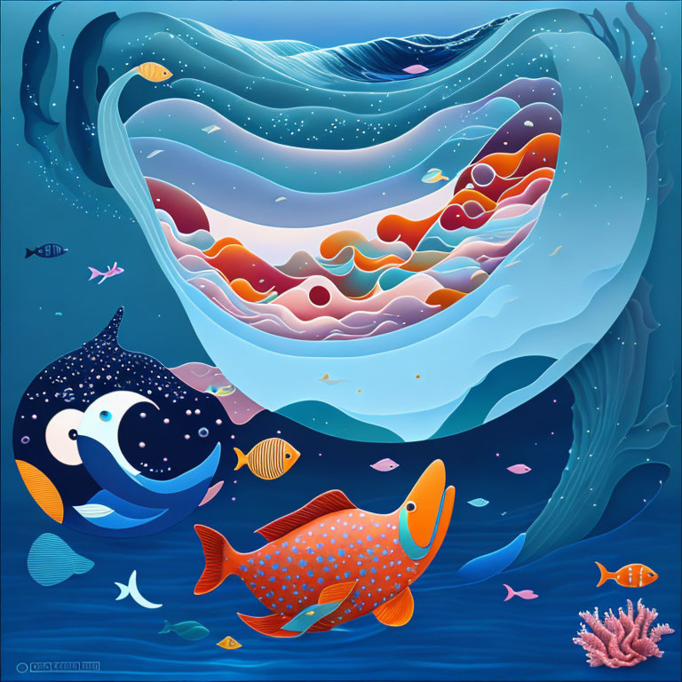 Colorful Underwater Scene with Stylized Sea Creatures and Waves