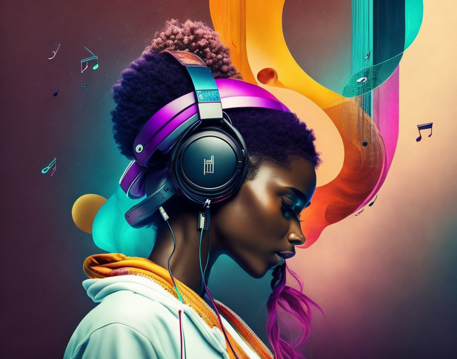 Colorful side profile with musical notes and headphones on vibrant background