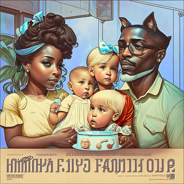 Stylish family illustration with two adults and two toddlers in warm modern palette