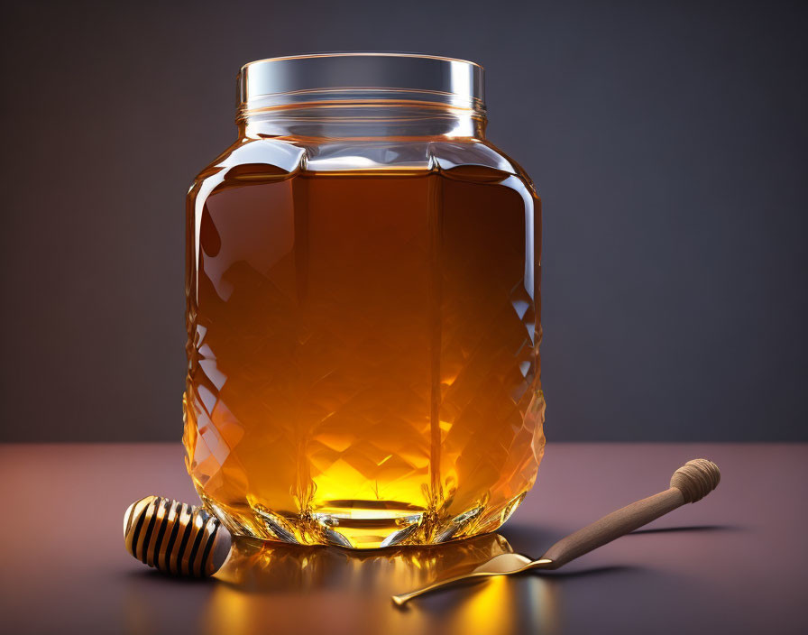 Glass jar filled with honey and wooden dipper on dusky background