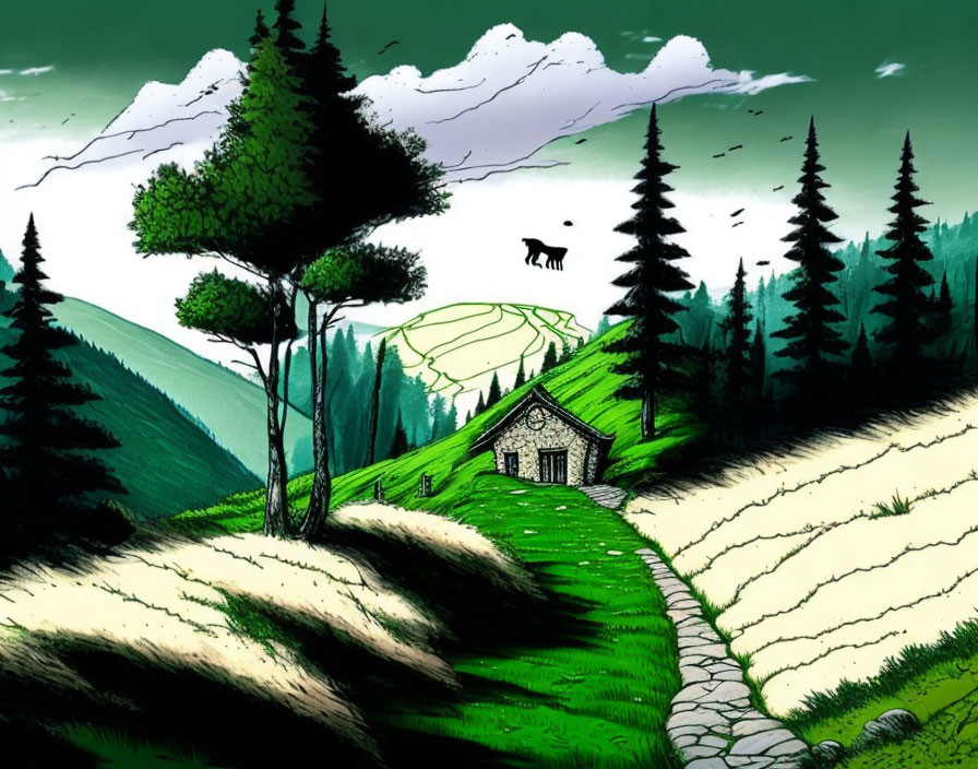 Cozy house in green valley with stone path, pine trees, fluffy clouds, and distant wolf silhouette