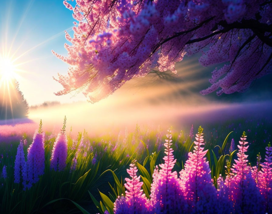 Pink cherry blossoms and purple flowers under golden sunrise.