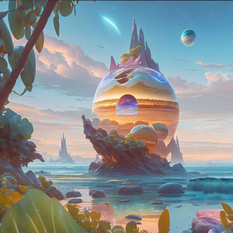 Fantastical landscape with glowing orb and towering spires