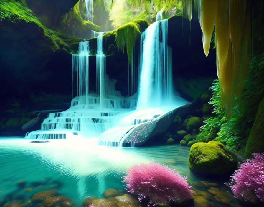 Vibrant turquoise waterfall in lush forest with pink flora