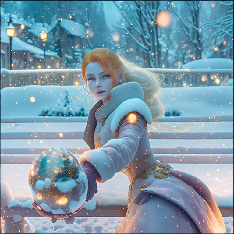 Blonde Woman Holding Orb in Winter Scene