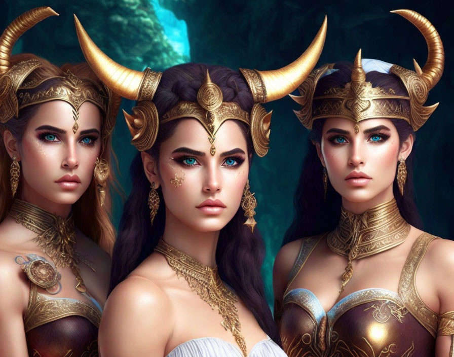 Stylized women with horns and gold jewelry on mystical blue background