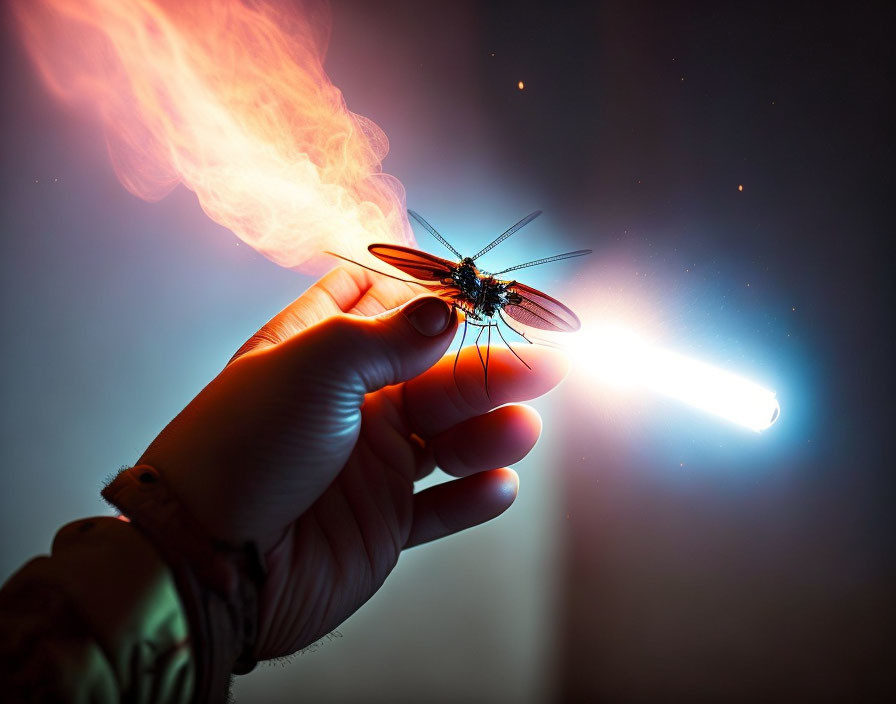 Translucent dragonfly held by fingers in dramatic light