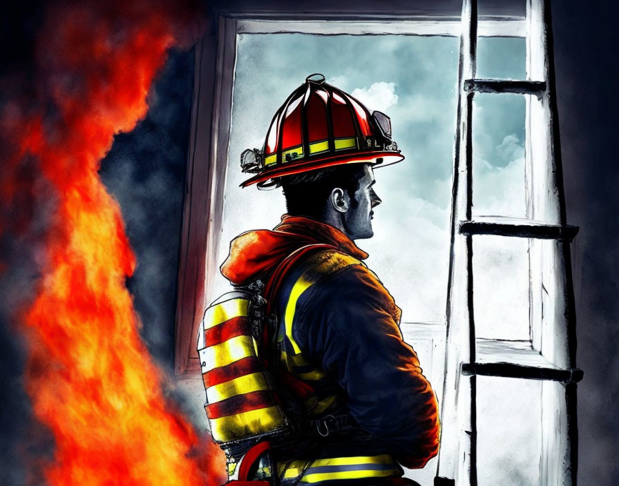 Firefighter in gear looks through window with ladder as flames rage outside