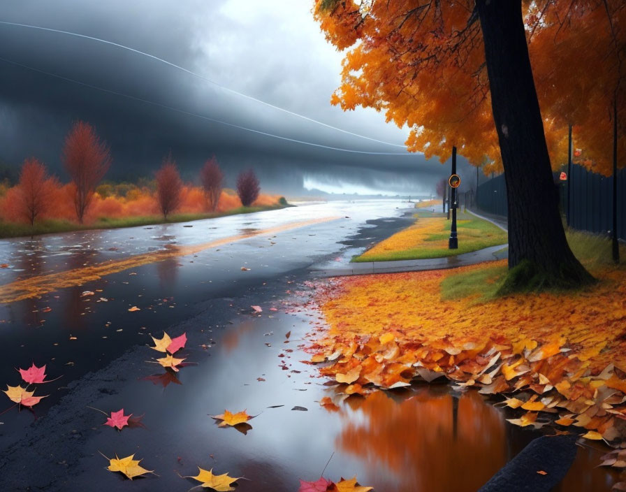 Vibrant autumn leaves on wet road under rainy sky