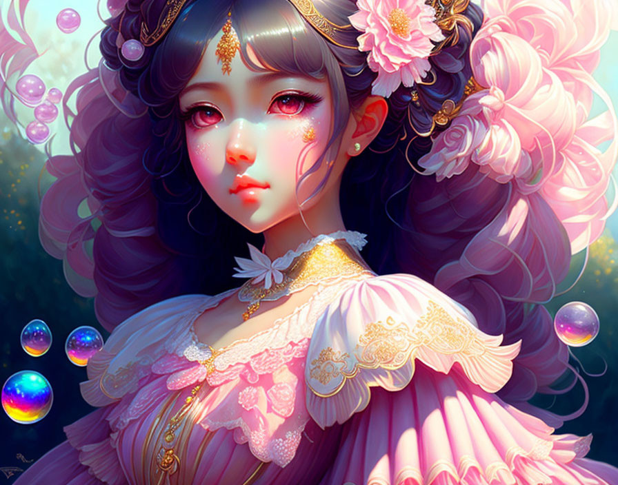 Girl with expressive eyes in pink dress among iridescent bubbles