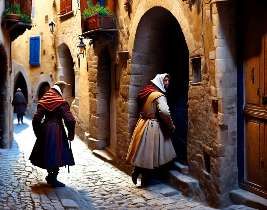 Historical costumes in medieval European alleyway